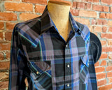 1980s Vintage PLAINS Western Wear Shirt Men's Cowboy Style Black & Purple Plaid Long Sleeve Pearl Snap Shirt - Size XL