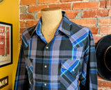1980s Vintage PLAINS Western Wear Shirt Men's Cowboy Style Black & Purple Plaid Long Sleeve Pearl Snap Shirt - Size XL