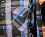 1980s Vintage PLAINS Western Wear Shirt Men's Cowboy Style Black & Purple Plaid Long Sleeve Pearl Snap Shirt - Size XL