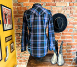 1980s Vintage PLAINS Western Wear Shirt Men's Cowboy Style Black & Purple Plaid Long Sleeve Pearl Snap Shirt - Size XL