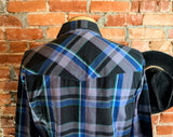1980s Vintage PLAINS Western Wear Shirt Men's Cowboy Style Black & Purple Plaid Long Sleeve Pearl Snap Shirt - Size XL