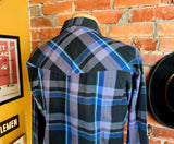 1980s Vintage PLAINS Western Wear Shirt Men's Cowboy Style Black & Purple Plaid Long Sleeve Pearl Snap Shirt - Size XL