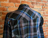 1980s Vintage PLAINS Western Wear Shirt Men's Cowboy Style Black & Purple Plaid Long Sleeve Pearl Snap Shirt - Size XL