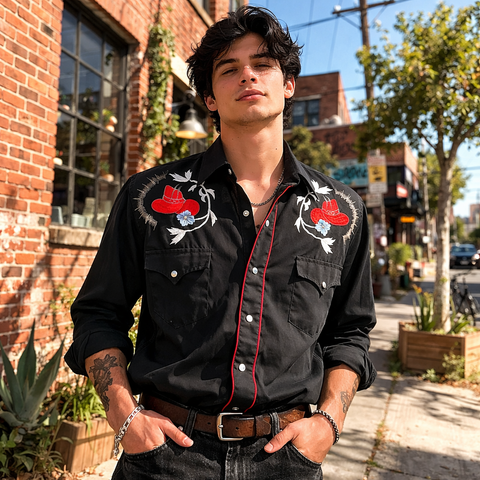 1980s Vintage Embroidered Western Shirt Men's Black Long Sleeve Pearl Snap Shirt Red Cowboy Hat & White Floral designs Sport 10 - Size LARGE