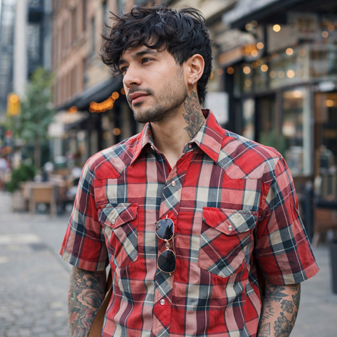 1980s Vintage WRANGLER Western Shirt Men's Cowboy Style Red, Black & Beige Plaid Short Sleeve Pearl Snap Shirt - Size XL