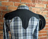 1990s Vintage HIGH NOON Western Shirt Black, White & Gray Plaid Cowboy Style Long Sleeve Shirt Black Yokes, Marble Pearl Snaps - Size XL