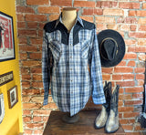 1990s Vintage HIGH NOON Western Shirt Black, White & Gray Plaid Cowboy Style Long Sleeve Shirt Black Yokes, Marble Pearl Snaps - Size XL