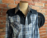1990s Vintage HIGH NOON Western Shirt Black, White & Gray Plaid Cowboy Style Long Sleeve Shirt Black Yokes, Marble Pearl Snaps - Size XL