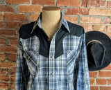 1990s Vintage HIGH NOON Western Shirt Black, White & Gray Plaid Cowboy Style Long Sleeve Shirt Black Yokes, Marble Pearl Snaps - Size XL