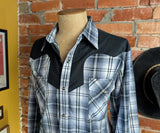 1990s Vintage HIGH NOON Western Shirt Black, White & Gray Plaid Cowboy Style Long Sleeve Shirt Black Yokes, Marble Pearl Snaps - Size XL