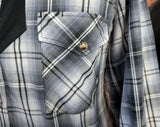 1990s Vintage HIGH NOON Western Shirt Black, White & Gray Plaid Cowboy Style Long Sleeve Shirt Black Yokes, Marble Pearl Snaps - Size XL
