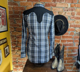 1990s Vintage HIGH NOON Western Shirt Black, White & Gray Plaid Cowboy Style Long Sleeve Shirt Black Yokes, Marble Pearl Snaps - Size XL
