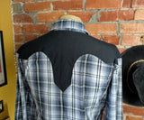 1990s Vintage HIGH NOON Western Shirt Black, White & Gray Plaid Cowboy Style Long Sleeve Shirt Black Yokes, Marble Pearl Snaps - Size XL