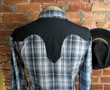 1990s Vintage HIGH NOON Western Shirt Black, White & Gray Plaid Cowboy Style Long Sleeve Shirt Black Yokes, Marble Pearl Snaps - Size XL