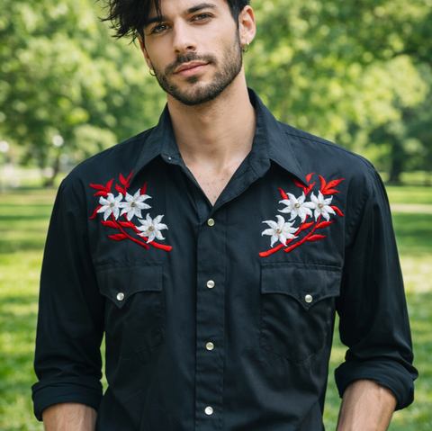 1970s Black Western Shirt Vintage Men's Cowboy Pearl Snap Long Sleeve Shirt with Red & White floral embroidery by CHUTE #1 - Size LARGE