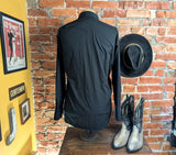 1980s Vintage Black Western Shirt Men's Long Sleeve Cowboy Style Shirt with Black Pearl Snaps by Panhandle Slim - Size XL