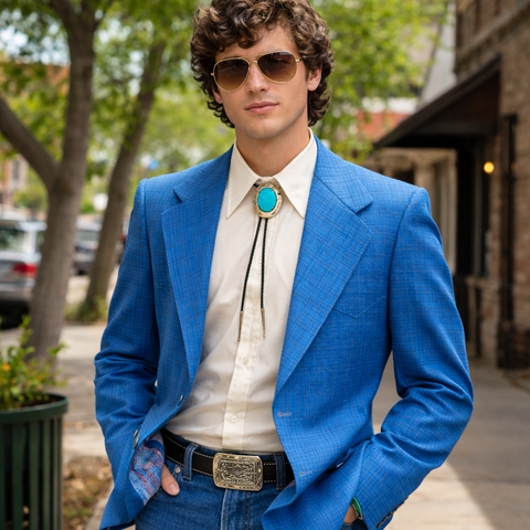 1970s Disco Era Blue Western Suit Jacket Vintage Men's Polyester Cowboy Style Blazer / Sport Coat by Montgomery Ward - Size 42 (LARGE)