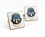 1960s SWANK Tiki Skull Cufflinks Mad Men Era Gold Tone Metal Enameled Cufflink Set with Exotic Tribal Masks by SWANK