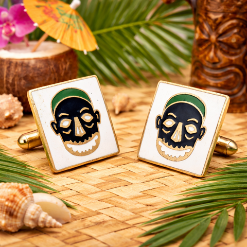1960s SWANK Tiki Skull Cufflinks Mad Men Era Gold Tone Metal Enameled Cufflink Set with Exotic Tribal Masks by SWANK