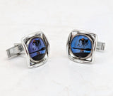 1960s Vintage Blue Morpho Butterfly Wing Silver Tone Cufflinks with Reverse Painted Exotic Palm Tree Island Scenes