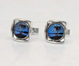 1960s Vintage Blue Morpho Butterfly Wing Silver Tone Cufflinks with Reverse Painted Exotic Palm Tree Island Scenes