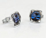 1960s Vintage Blue Morpho Butterfly Wing Silver Tone Cufflinks with Reverse Painted Exotic Palm Tree Island Scenes