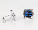 1960s Vintage Blue Morpho Butterfly Wing Silver Tone Cufflinks with Reverse Painted Exotic Palm Tree Island Scenes