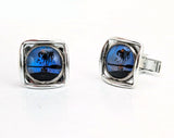 1960s Vintage Blue Morpho Butterfly Wing Silver Tone Cufflinks with Reverse Painted Exotic Palm Tree Island Scenes