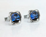 1960s Vintage Blue Morpho Butterfly Wing Silver Tone Cufflinks with Reverse Painted Exotic Palm Tree Island Scenes