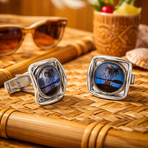 1960s Vintage Blue Morpho Butterfly Wing Silver Tone Cufflinks with Reverse Painted Exotic Palm Tree Island Scenes