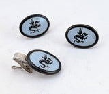 1960s Vintage Dragon Cufflinks and Tie Clip Set, Mid Century Silver Tone Oval Men's Statement Jewelry, Mythical Gift for Him