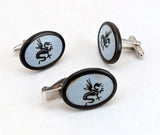 1960s Vintage Dragon Cufflinks and Tie Clip Set, Mid Century Silver Tone Oval Men's Statement Jewelry, Mythical Gift for Him