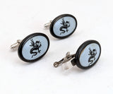 1960s Vintage Dragon Cufflinks and Tie Clip Set, Mid Century Silver Tone Oval Men's Statement Jewelry, Mythical Gift for Him