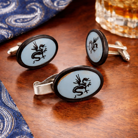 1960s Vintage Dragon Cufflinks and Tie Clip Set, Mid Century Silver Tone Oval Men's Statement Jewelry, Mythical Gift for Him
