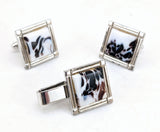 1960s Vintage SPEIDEL Silver Tone Cufflinks & Tie Clip Set – Mid Century Modern Marbled Glass – Mad Men Style Groom Gift