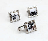 1960s Vintage SPEIDEL Silver Tone Cufflinks & Tie Clip Set – Mid Century Modern Marbled Glass – Mad Men Style Groom Gift