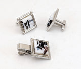 1960s Vintage SPEIDEL Silver Tone Cufflinks & Tie Clip Set – Mid Century Modern Marbled Glass – Mad Men Style Groom Gift
