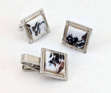 1960s Vintage SPEIDEL Silver Tone Cufflinks & Tie Clip Set – Mid Century Modern Marbled Glass – Mad Men Style Groom Gift