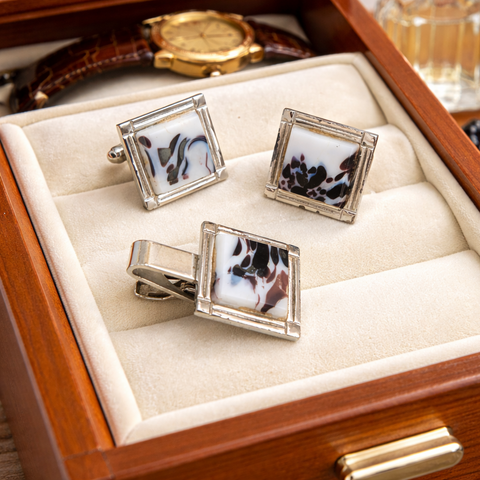 1960s Vintage SPEIDEL Silver Tone Cufflinks & Tie Clip Set – Mid Century Modern Marbled Glass – Mad Men Style Groom Gift