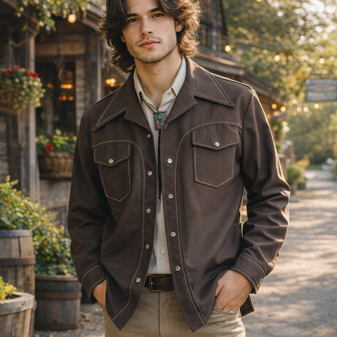1970s Vintage Brown Western Polyester Leisure Suit Jacket. Disco Era Cowboy Pearl Snap Jacket 70s Time Out West by FARAH - Size 42 (LARGE)