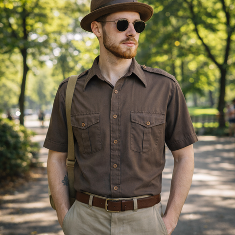 1980s Vintage Blair Brown Safari Shirt Made in USA – Military Style Short Sleeve Button Up Men's Utility Field Shirt - Size LARGE
