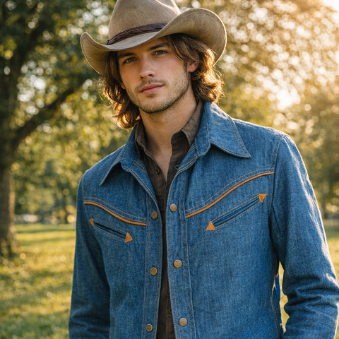 1970s Vintage Men's Denim Western Jacket with Suede Trim, Snap Buttons Jean Jacket Retro Cowboy Ranchwear Coat 70s Westernwear - Size MEDIUM
