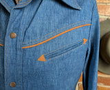 1970s Vintage Men's Denim Western Jacket with Suede Trim, Snap Buttons Jean Jacket Retro Cowboy Ranchwear Coat 70s Westernwear - Size MEDIUM