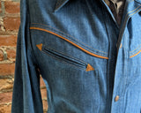 1970s Vintage Men's Denim Western Jacket with Suede Trim, Snap Buttons Jean Jacket Retro Cowboy Ranchwear Coat 70s Westernwear - Size MEDIUM