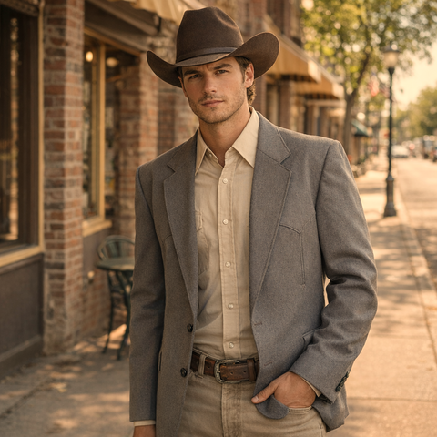 1970s Men's Western Suit Jacket / Blazer Vintage Brown & Gray Polyester Cowboy Style Sport Coat by Circle S of Dallas, Texas - Size 50 (XL)