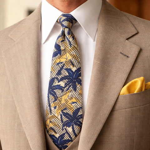 1940s Vintage Palm Tree Necktie – Yellow & Navy Tropical Print Tie – Retro 40s Wide Swing Era Mens Tie – Rockabilly Atomic Mid Century Style