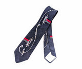 1940s Vintage Necktie – Navy Blue Abstract Scroll Tie with Red Stripe – Retro Swing Era Art Deco Tie – Rockabilly Vintage Men's Tie