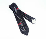 1940s Vintage Necktie – Navy Blue Abstract Scroll Tie with Red Stripe – Retro Swing Era Art Deco Tie – Rockabilly Vintage Men's Tie