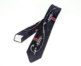 1940s Vintage Necktie – Navy Blue Abstract Scroll Tie with Red Stripe – Retro Swing Era Art Deco Tie – Rockabilly Vintage Men's Tie