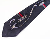 1940s Vintage Necktie – Navy Blue Abstract Scroll Tie with Red Stripe – Retro Swing Era Art Deco Tie – Rockabilly Vintage Men's Tie